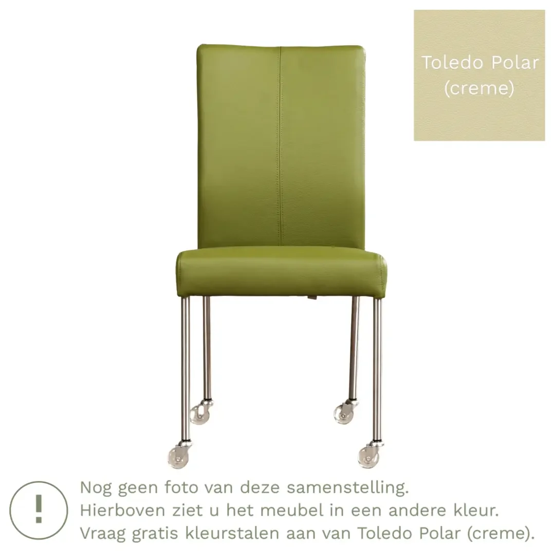 afbeelding van Leren eetkamerstoel Comfort met wieltjes - Toledo Polar (crème) - Poten staal rond RVS