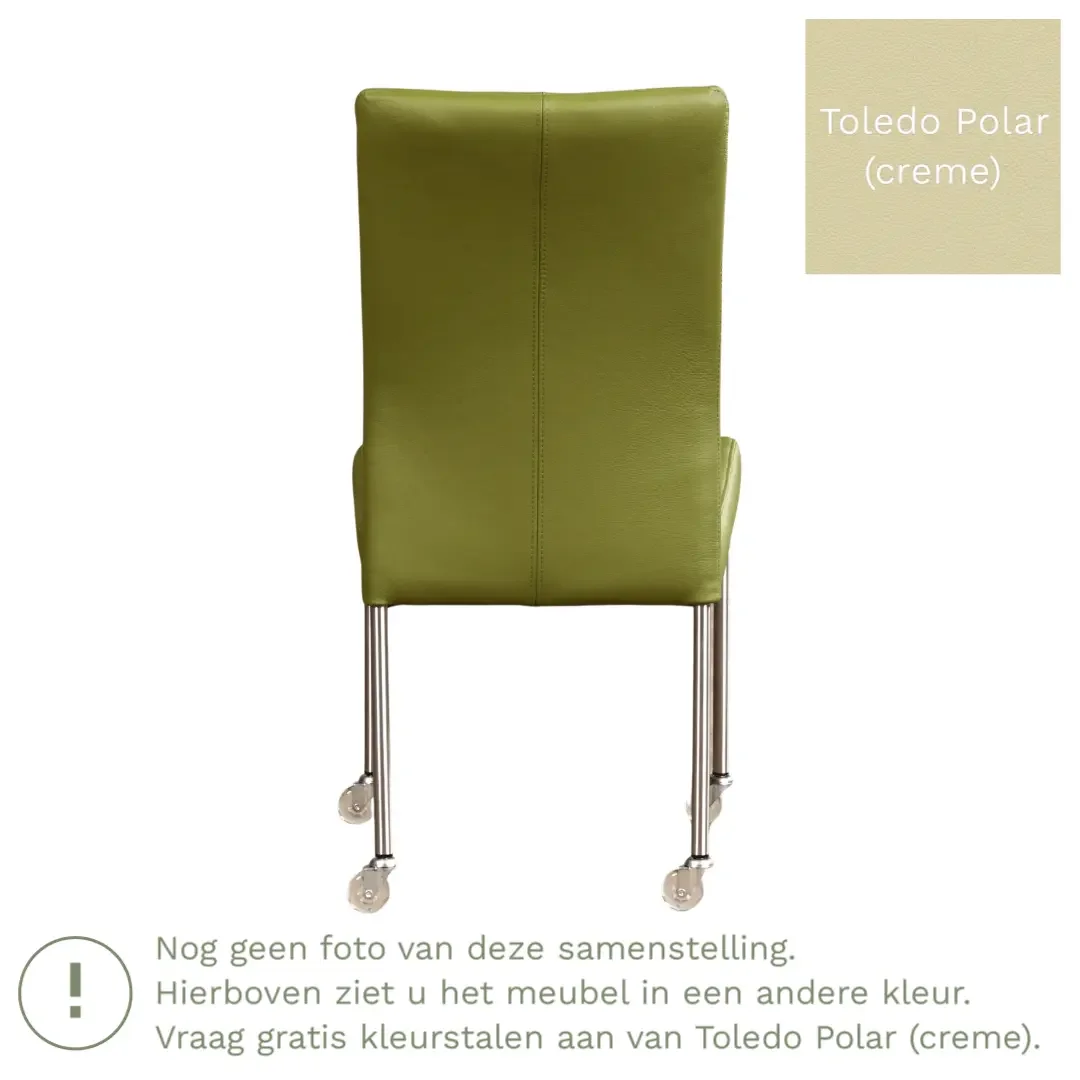 afbeelding van Leren eetkamerstoel Comfort met wieltjes - Toledo Polar (crème) - Poten staal rond RVS