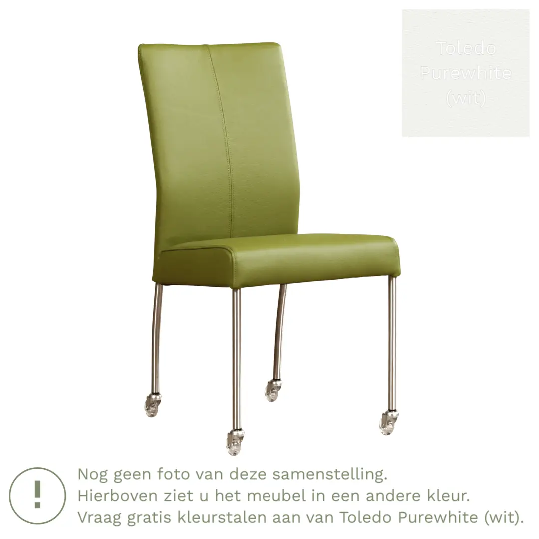 afbeelding van Leren eetkamerstoel Comfort met wieltjes - Toledo Purewhite (wit) - Poten staal rond RVS
