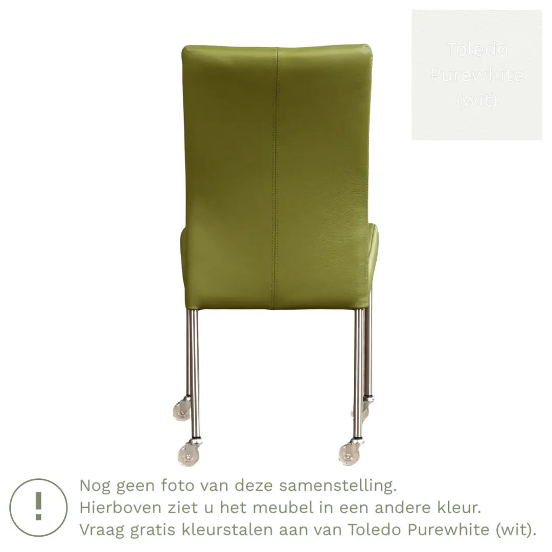 afbeelding van Leren eetkamerstoel Comfort met wieltjes - Toledo Purewhite (wit) - Poten staal rond RVS