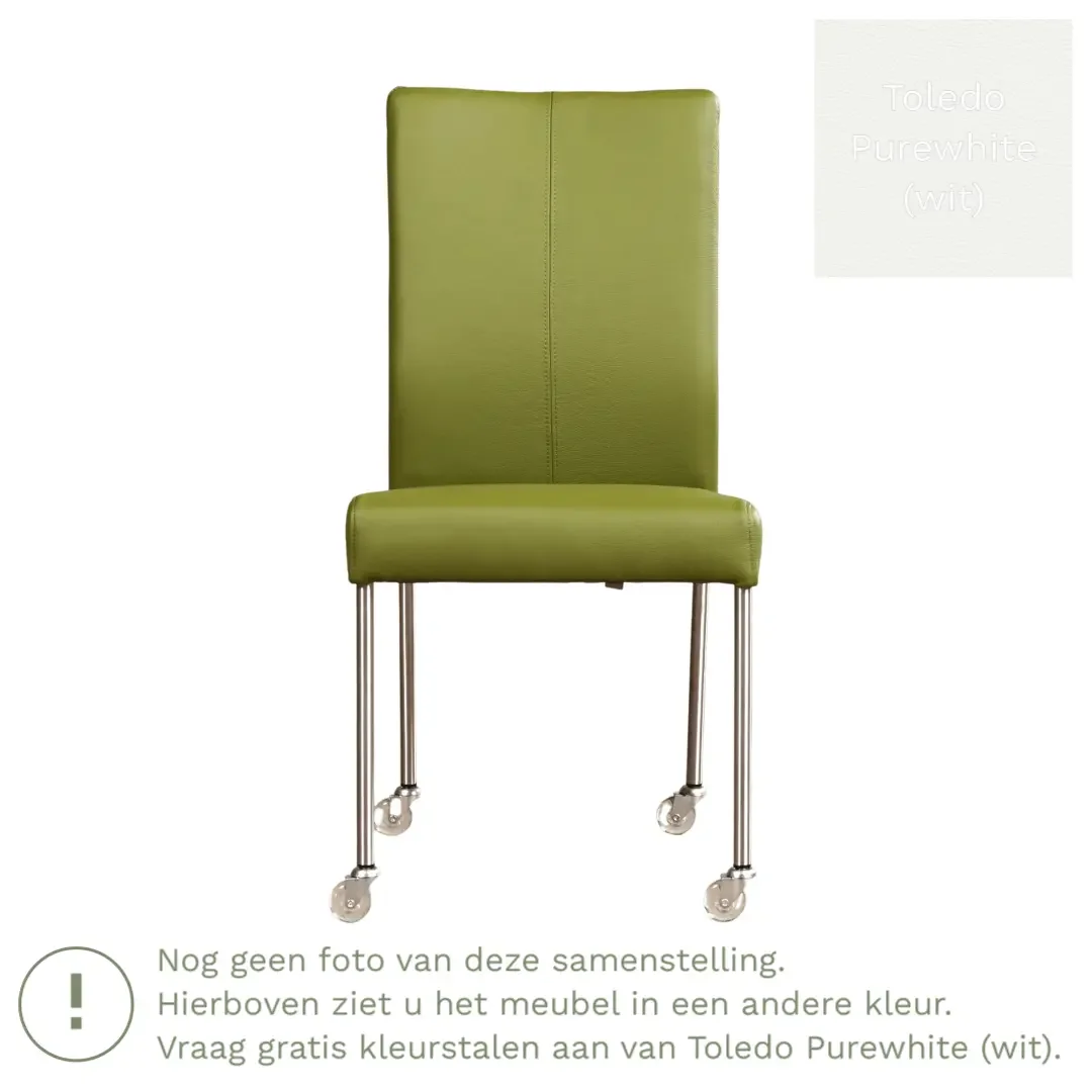 afbeelding van Leren eetkamerstoel Comfort met wieltjes - Toledo Purewhite (wit) - Poten staal vierkant RVS
