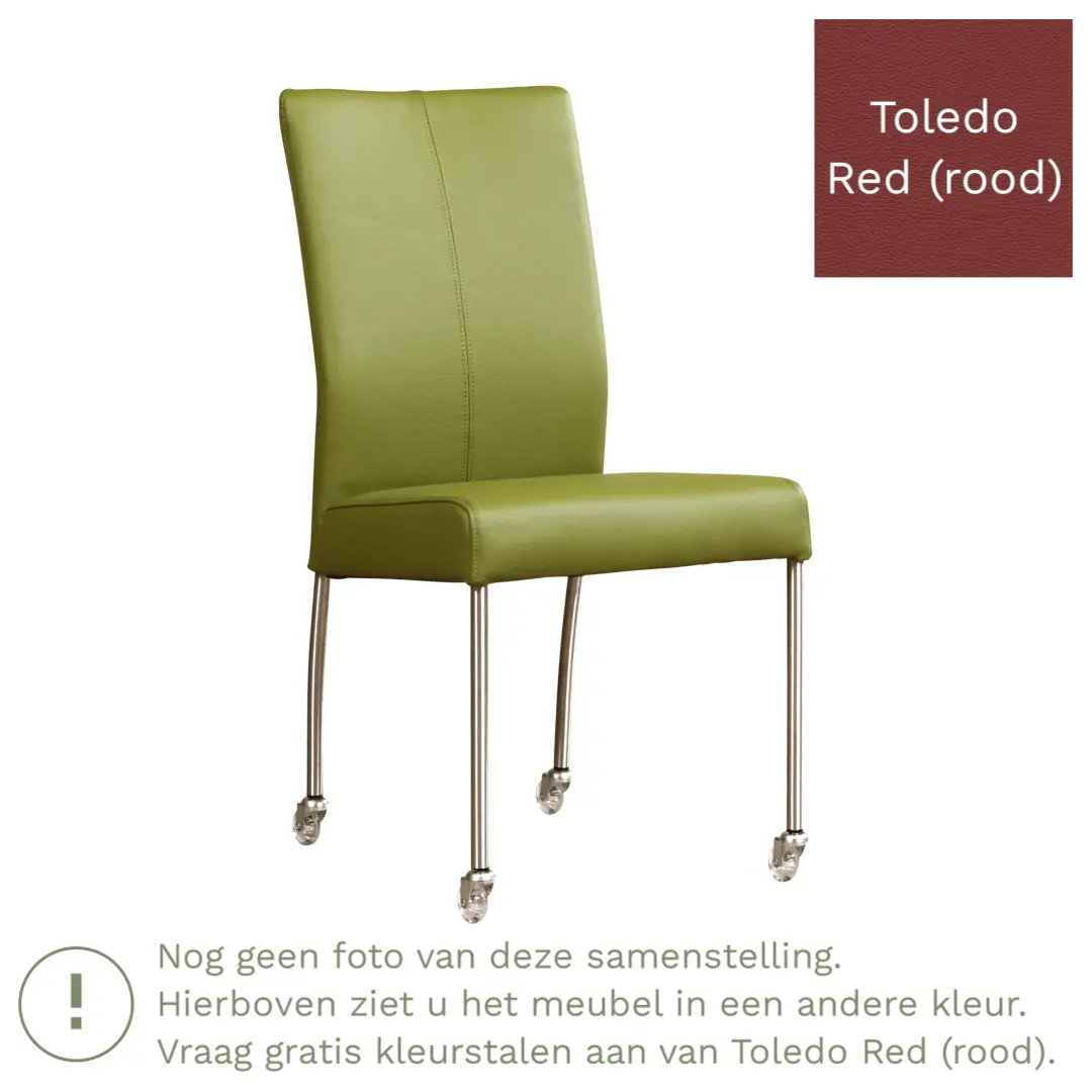 afbeelding van Leren eetkamerstoel Comfort met wieltjes - Toledo Red (rood) - Poten staal rond zwart