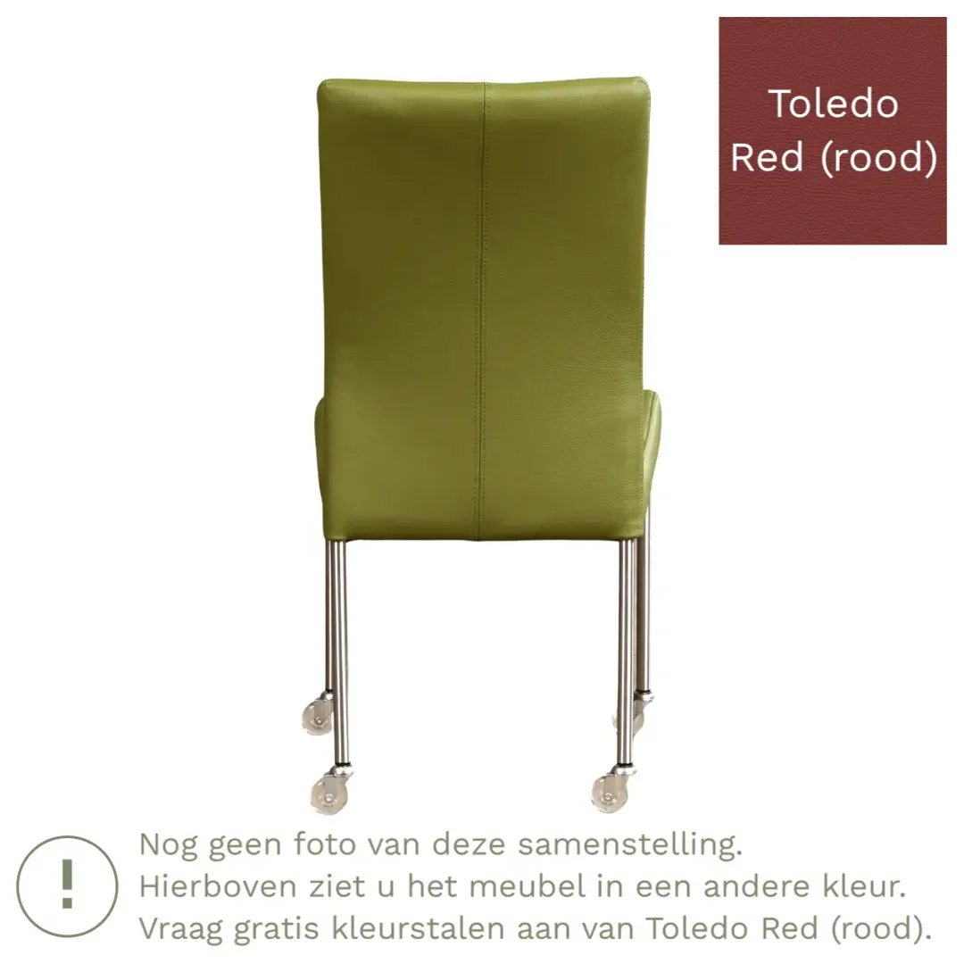 afbeelding van Leren eetkamerstoel Comfort met wieltjes - Toledo Red (rood) - Poten staal rond zwart