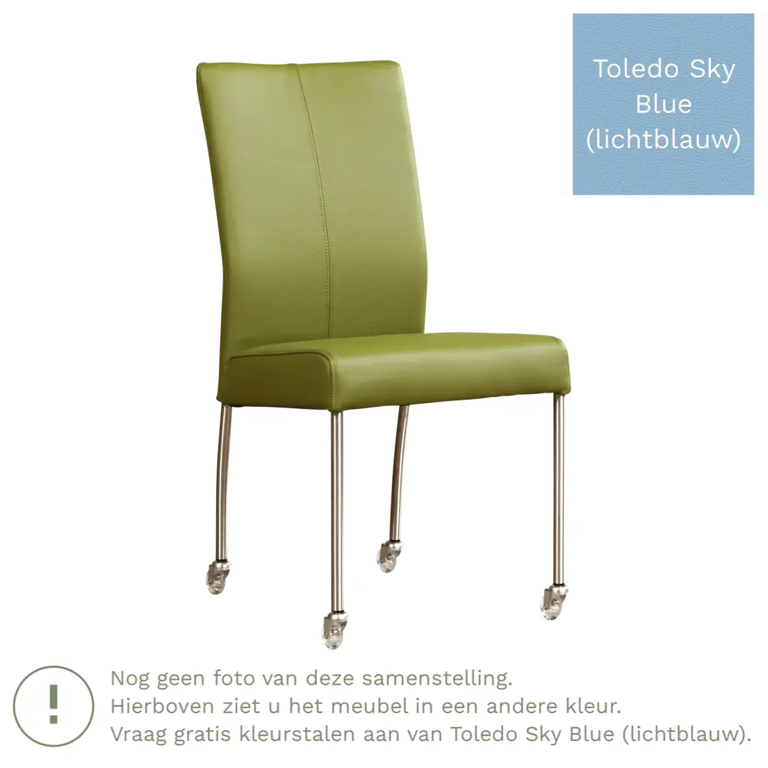 afbeelding van Leren eetkamerstoel Comfort met wieltjes - Toledo Sky Blue (lichtblauw) - Poten staal rond zwart