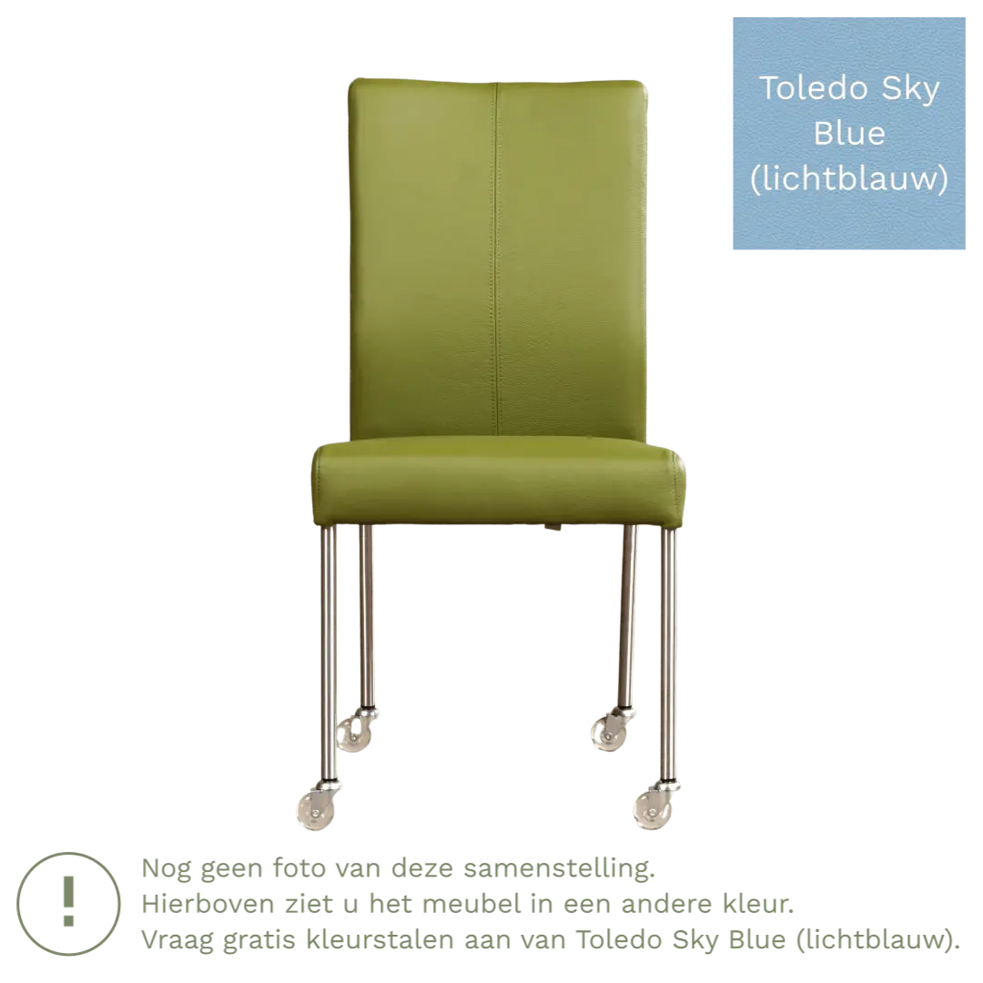afbeelding van Leren eetkamerstoel Comfort met wieltjes - Toledo Sky Blue (lichtblauw) - Poten staal rond zwart