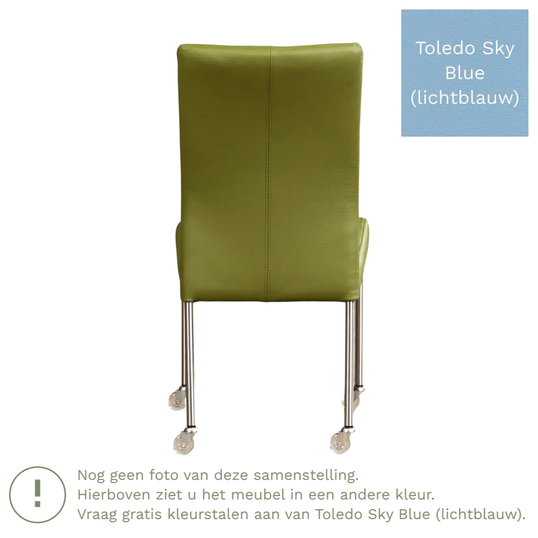 afbeelding van Leren eetkamerstoel Comfort met wieltjes - Toledo Sky Blue (lichtblauw) - Poten staal rond zwart