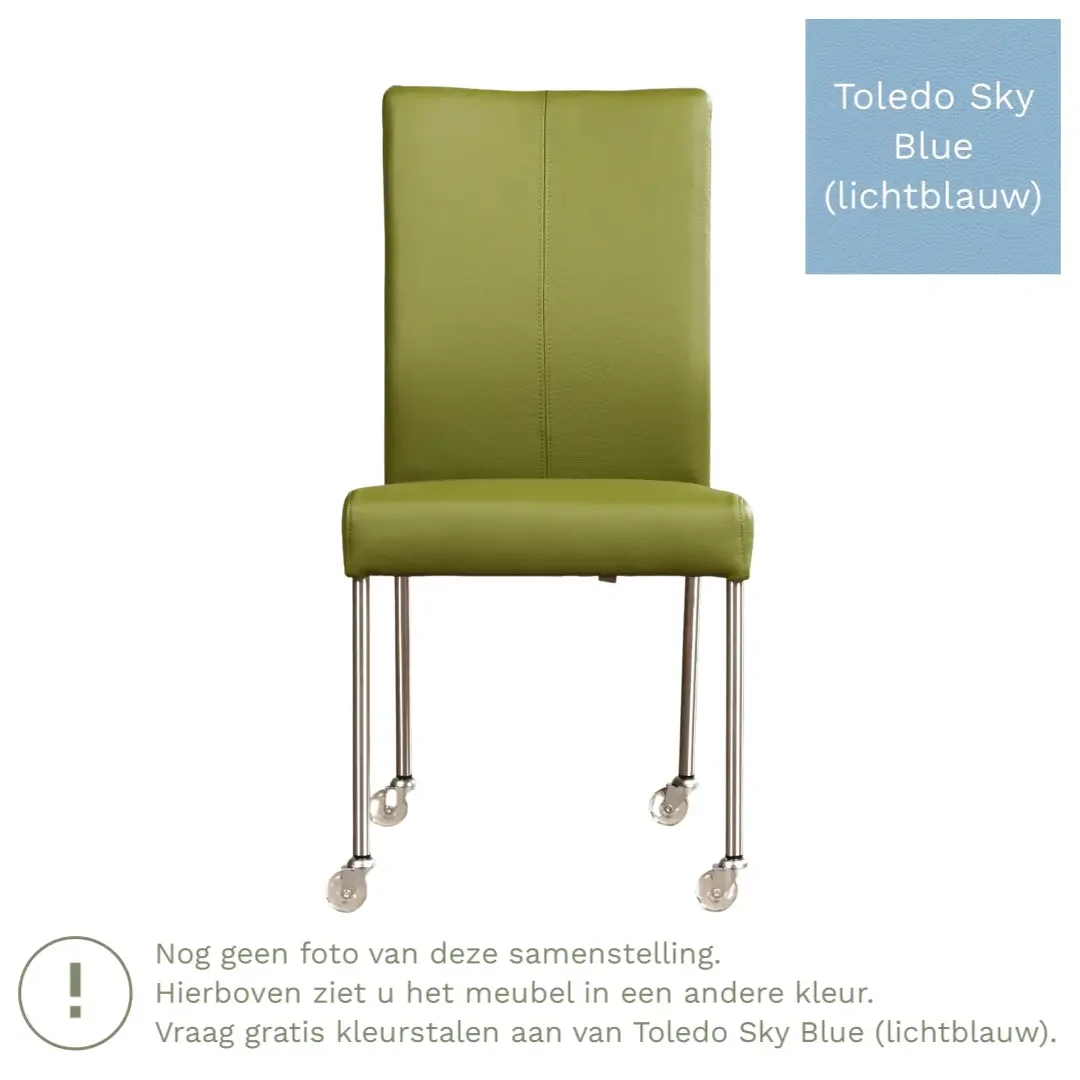 afbeelding van Leren eetkamerstoel Comfort met wieltjes - Toledo Sky Blue (lichtblauw) - Poten staal vierkant zwart