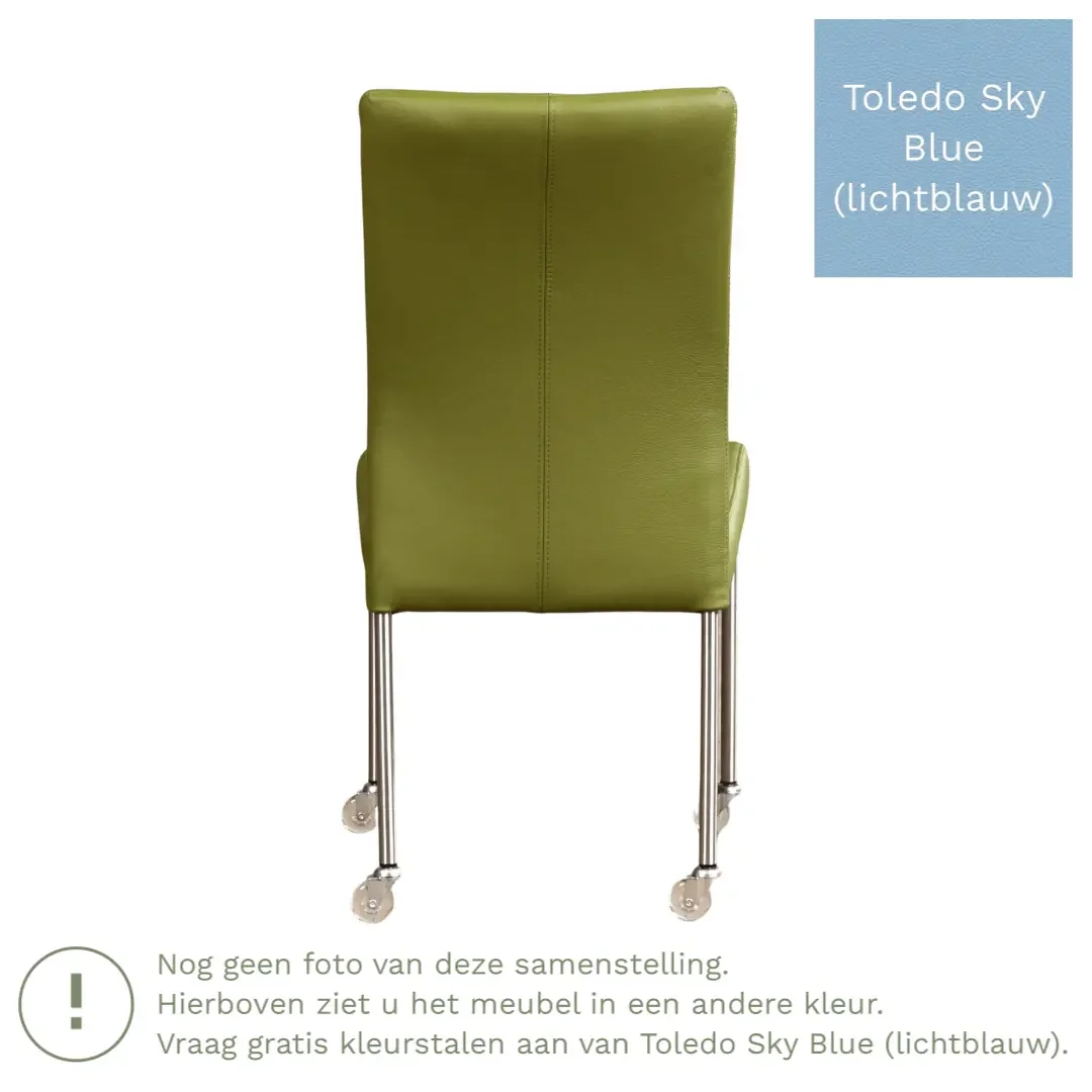 afbeelding van Leren eetkamerstoel Comfort met wieltjes - Toledo Sky Blue (lichtblauw) - Poten staal vierkant zwart