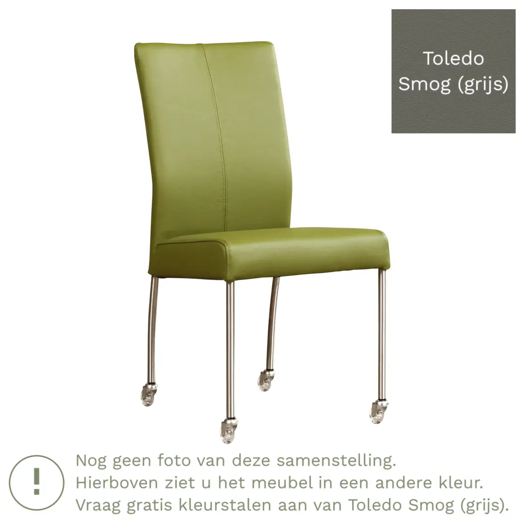 afbeelding van Leren eetkamerstoel Comfort met wieltjes - Toledo Smog (grijs) - Poten staal rond RVS