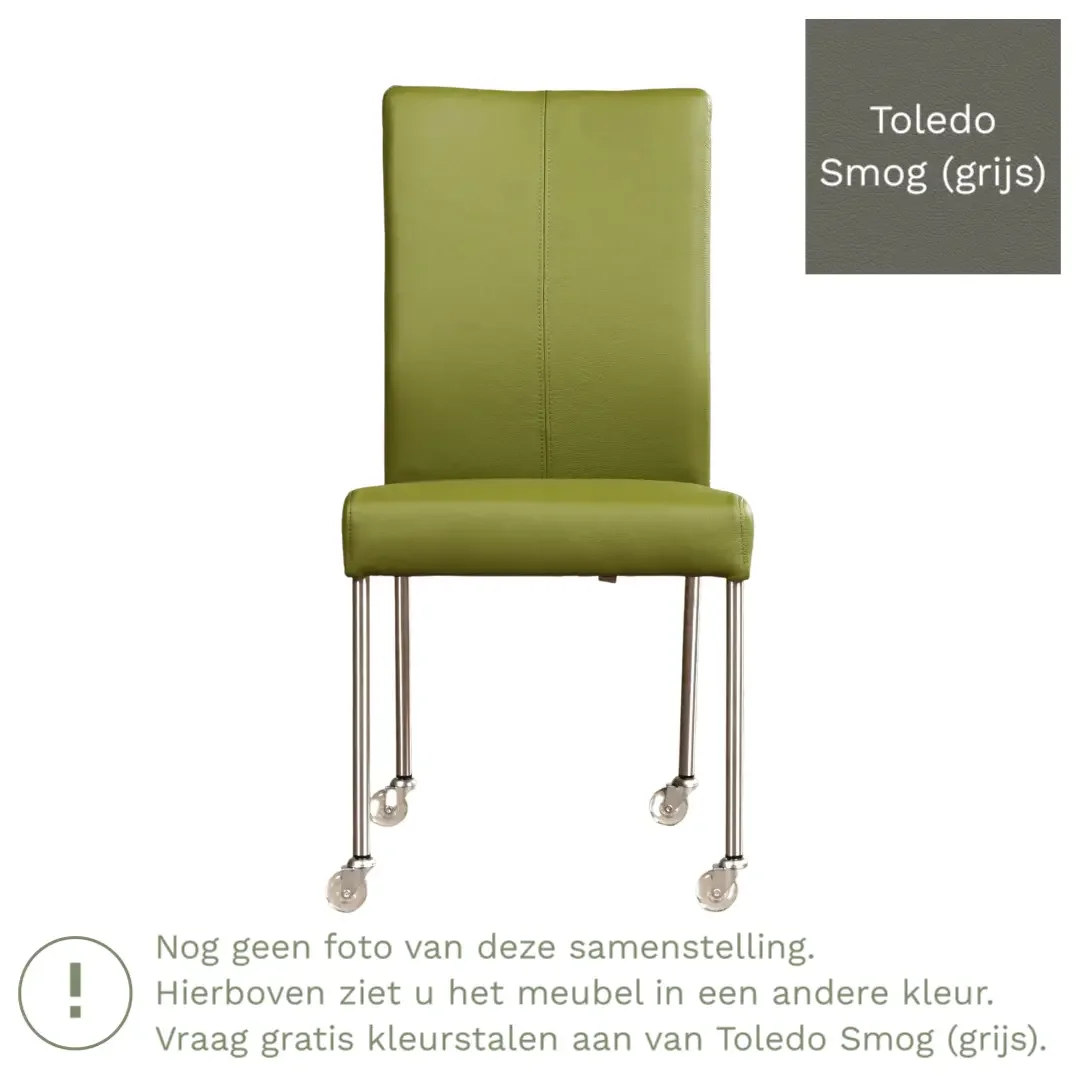 afbeelding van Leren eetkamerstoel Comfort met wieltjes - Toledo Smog (grijs) - Poten staal rond RVS