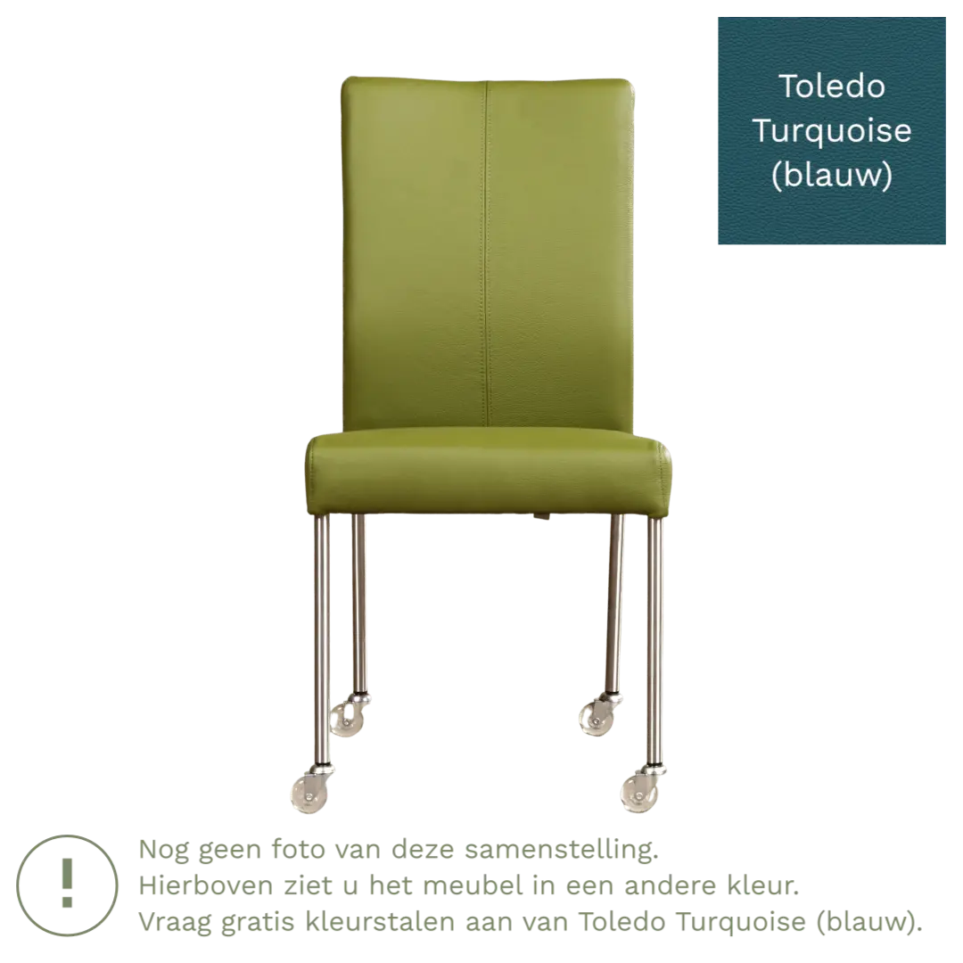 afbeelding van Leren eetkamerstoel Comfort met wieltjes - Toledo Turquoise (blauw) - Poten staal rond RVS