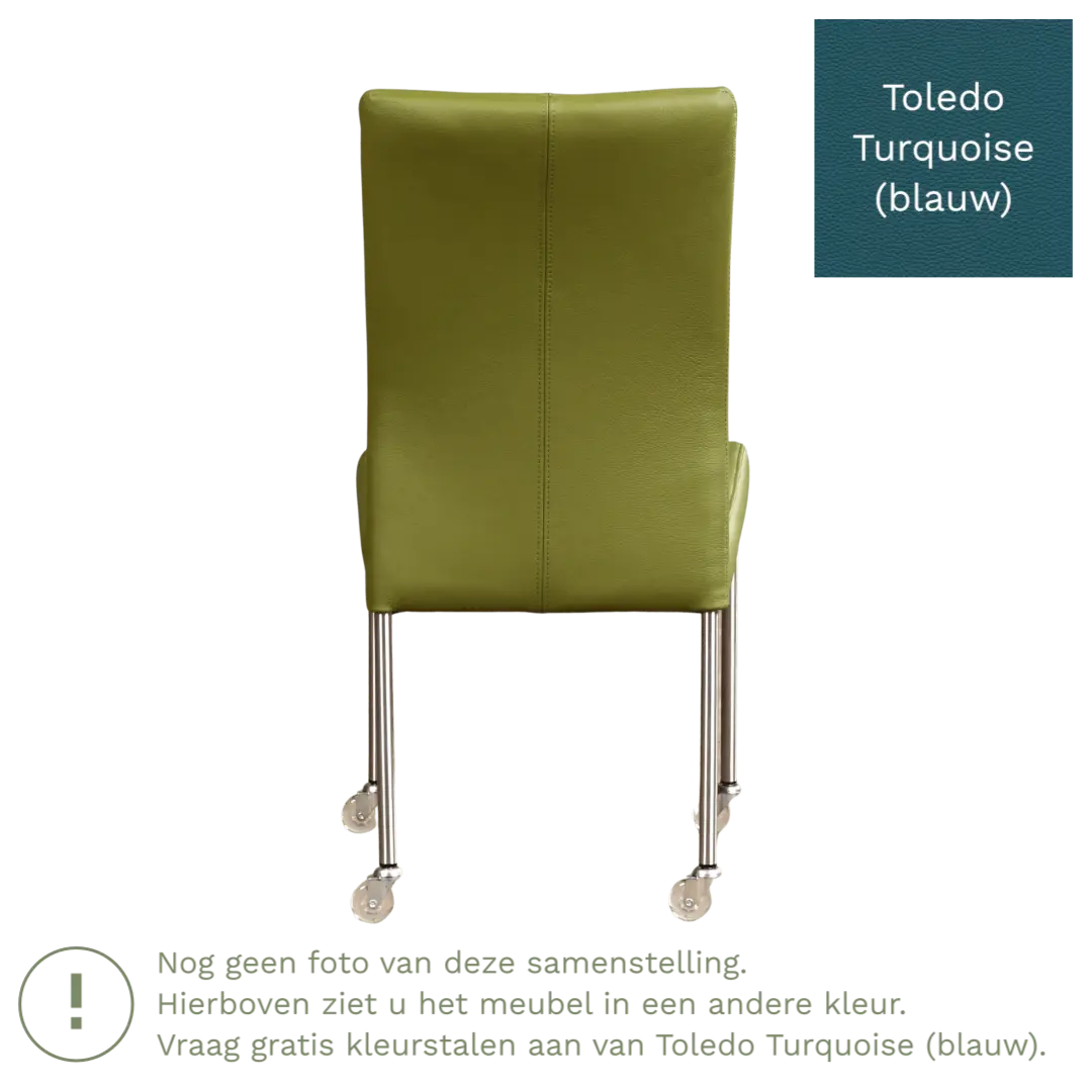 afbeelding van Leren eetkamerstoel Comfort met wieltjes - Toledo Turquoise (blauw) - Poten staal rond RVS