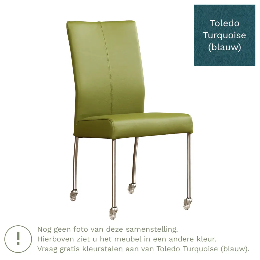 afbeelding van Leren eetkamerstoel Comfort met wieltjes - Toledo Turquoise (blauw) - Poten staal vierkant zwart