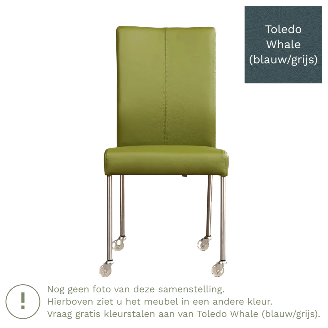afbeelding van Leren eetkamerstoel Comfort met wieltjes - Toledo Whale (blauw/grijs) - Poten staal rond zwart