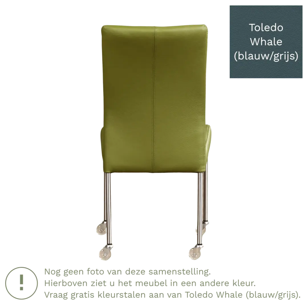 afbeelding van Leren eetkamerstoel Comfort met wieltjes - Toledo Whale (blauw/grijs) - Poten staal rond zwart