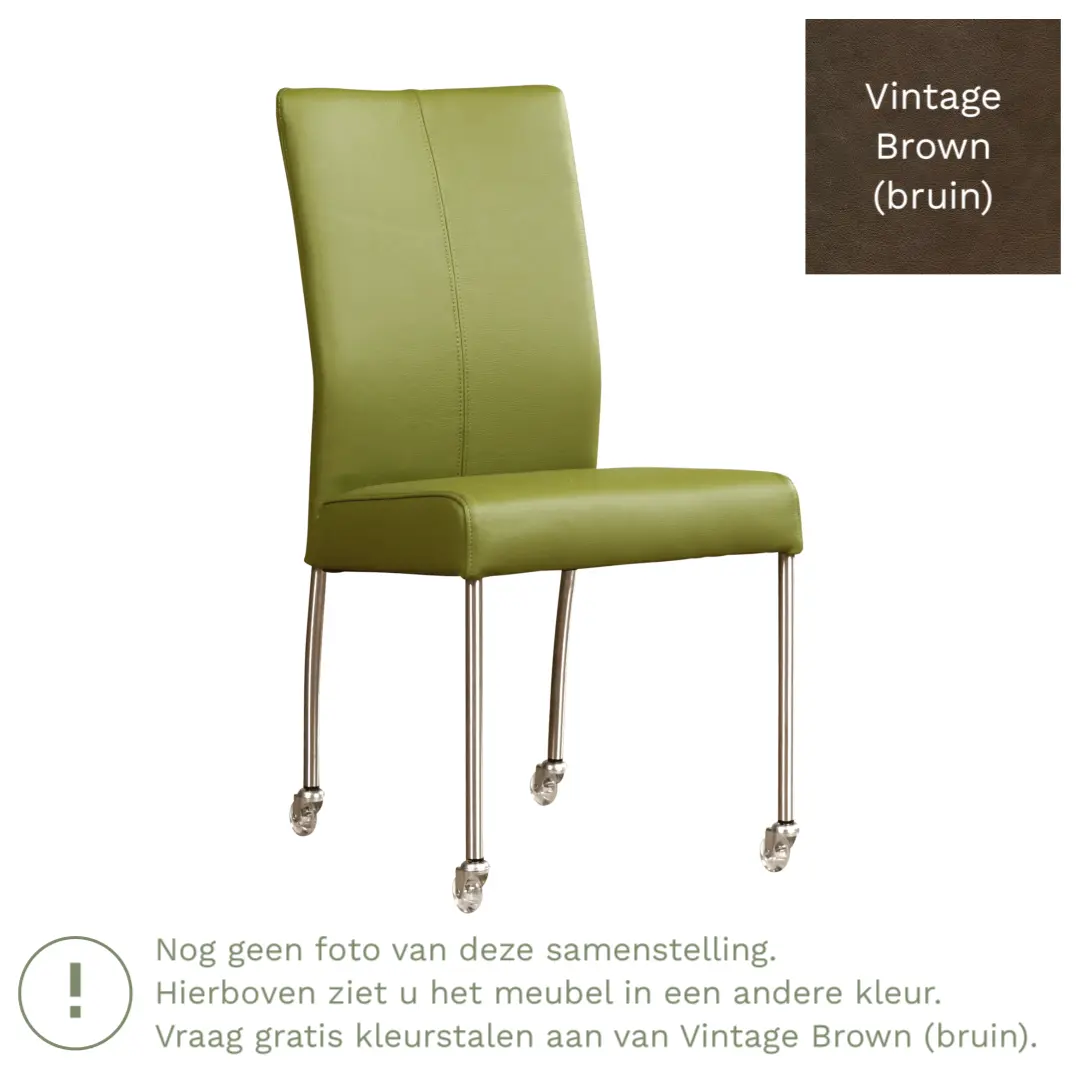 afbeelding van Leren eetkamerstoel Comfort met wieltjes - Vintage Brown (bruin) - Poten staal vierkant RVS