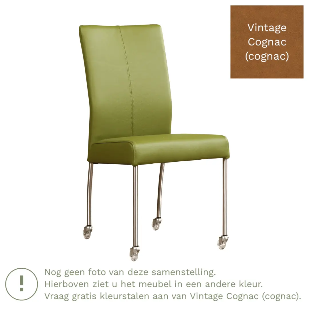 afbeelding van Leren eetkamerstoel Comfort met wieltjes - Vintage Cognac (cognac) - Poten staal vierkant zwart