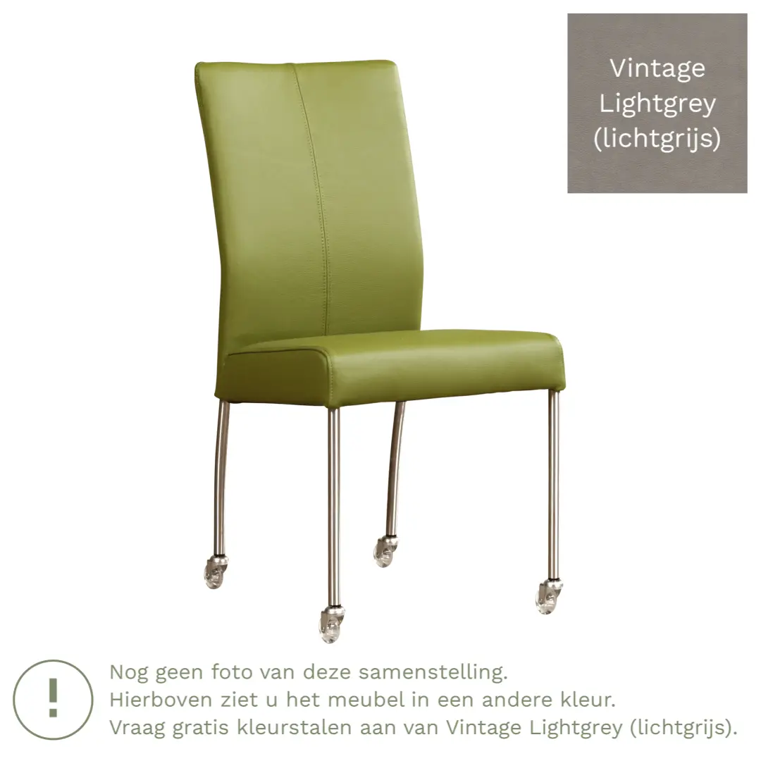 afbeelding van Leren eetkamerstoel Comfort met wieltjes - Vintage Lightgrey (lichtgrijs) - Poten staal rond RVS