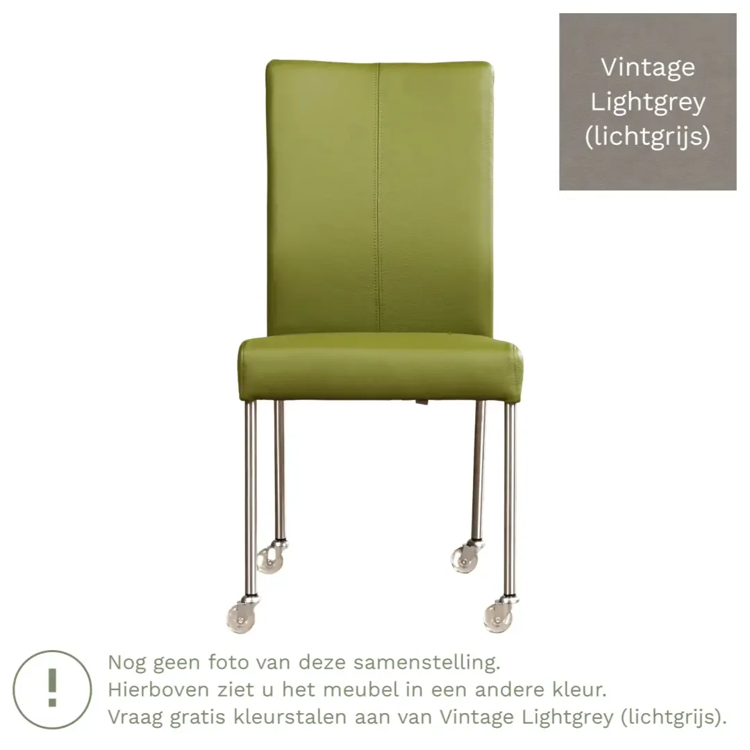afbeelding van Leren eetkamerstoel Comfort met wieltjes - Vintage Lightgrey (lichtgrijs) - Poten staal rond RVS