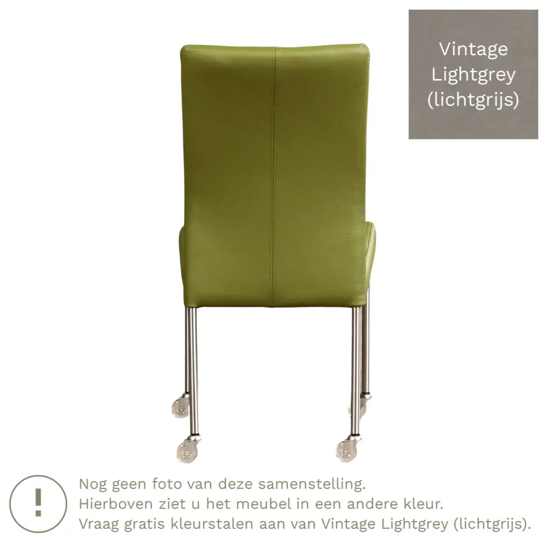 afbeelding van Leren eetkamerstoel Comfort met wieltjes - Vintage Lightgrey (lichtgrijs) - Poten staal vierkant RVS