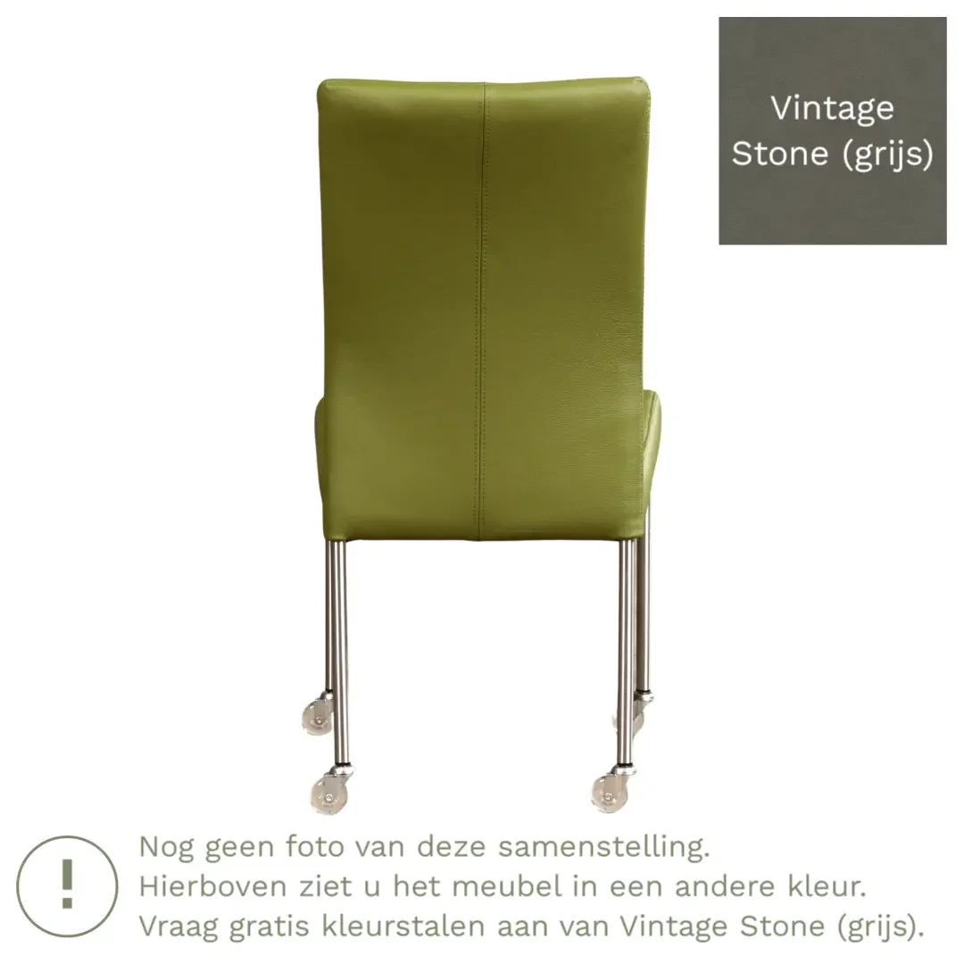 afbeelding van Leren eetkamerstoel Comfort met wieltjes - Vintage Stone (grijs) - Poten staal vierkant zwart