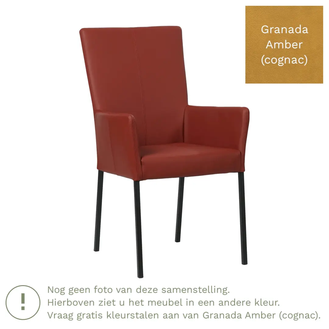 afbeelding van Leren eetkamerstoel Daily met armleuning - Granada Amber (cognac) - Poten staal vierkant RVS