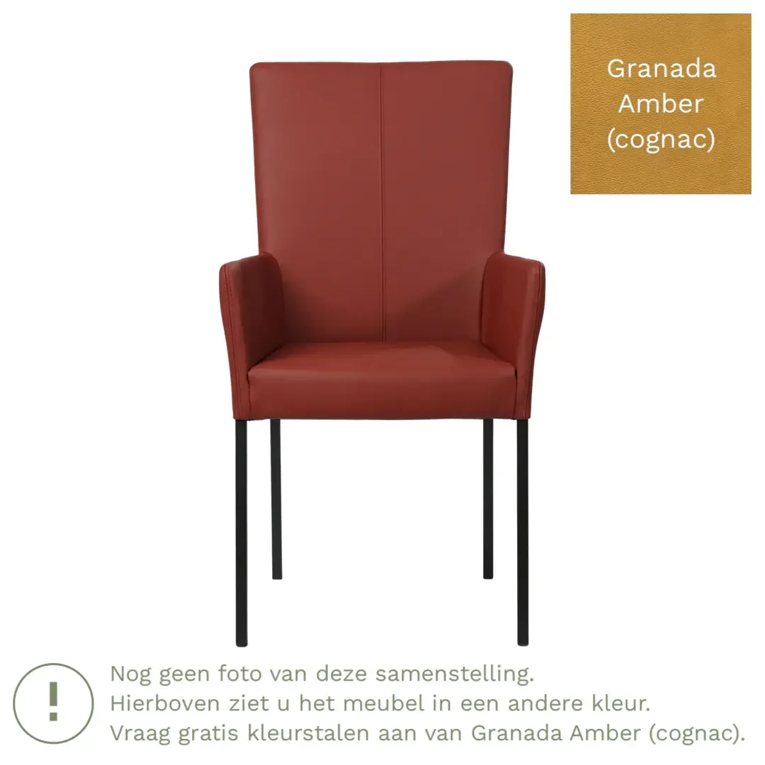 afbeelding van Leren eetkamerstoel Daily met armleuning - Granada Amber (cognac) - Poten staal vierkant RVS