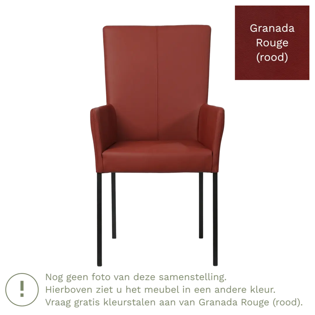 afbeelding van Leren eetkamerstoel Daily met armleuning - Granada Rouge (rood) - Poten staal vierkant RVS