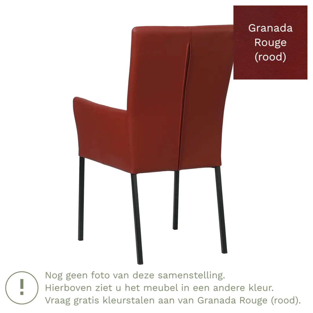 afbeelding van Leren eetkamerstoel Daily met armleuning - Granada Rouge (rood) - Poten staal vierkant RVS