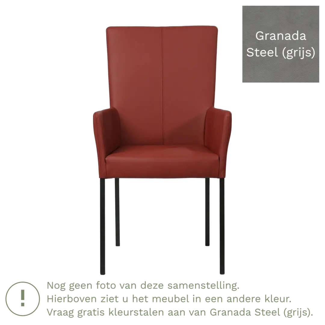 afbeelding van Leren eetkamerstoel Daily met armleuning - Granada Steel (grijs) - Poten staal vierkant RVS