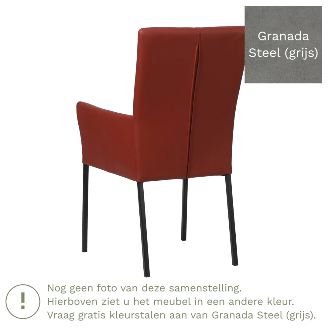afbeelding van Leren eetkamerstoel Daily met armleuning - Granada Steel (grijs) - Poten staal vierkant RVS