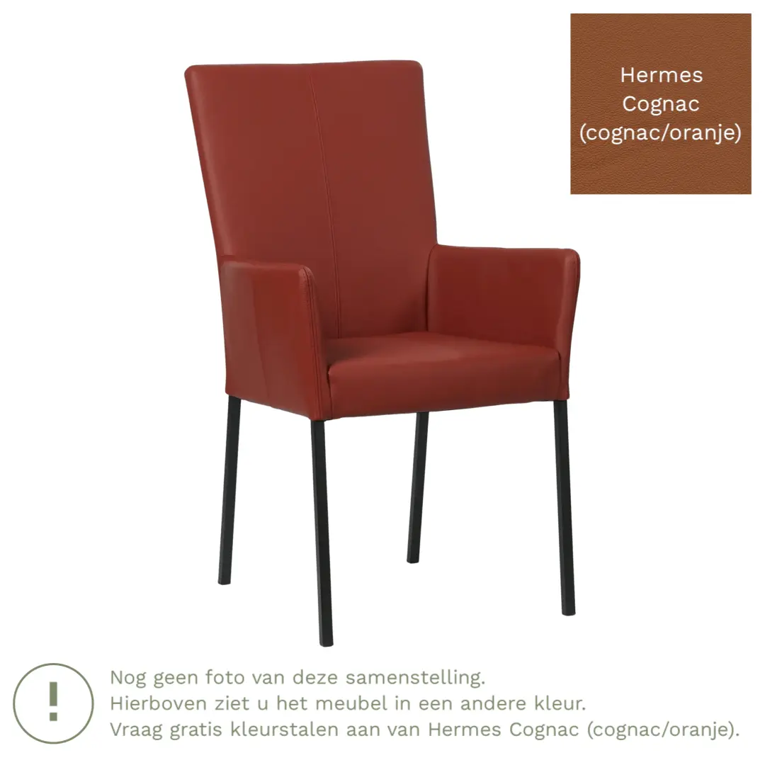 afbeelding van Leren eetkamerstoel Daily met armleuning - Hermes Cognac (cognac/oranje) - Poten staal vierkant zwart