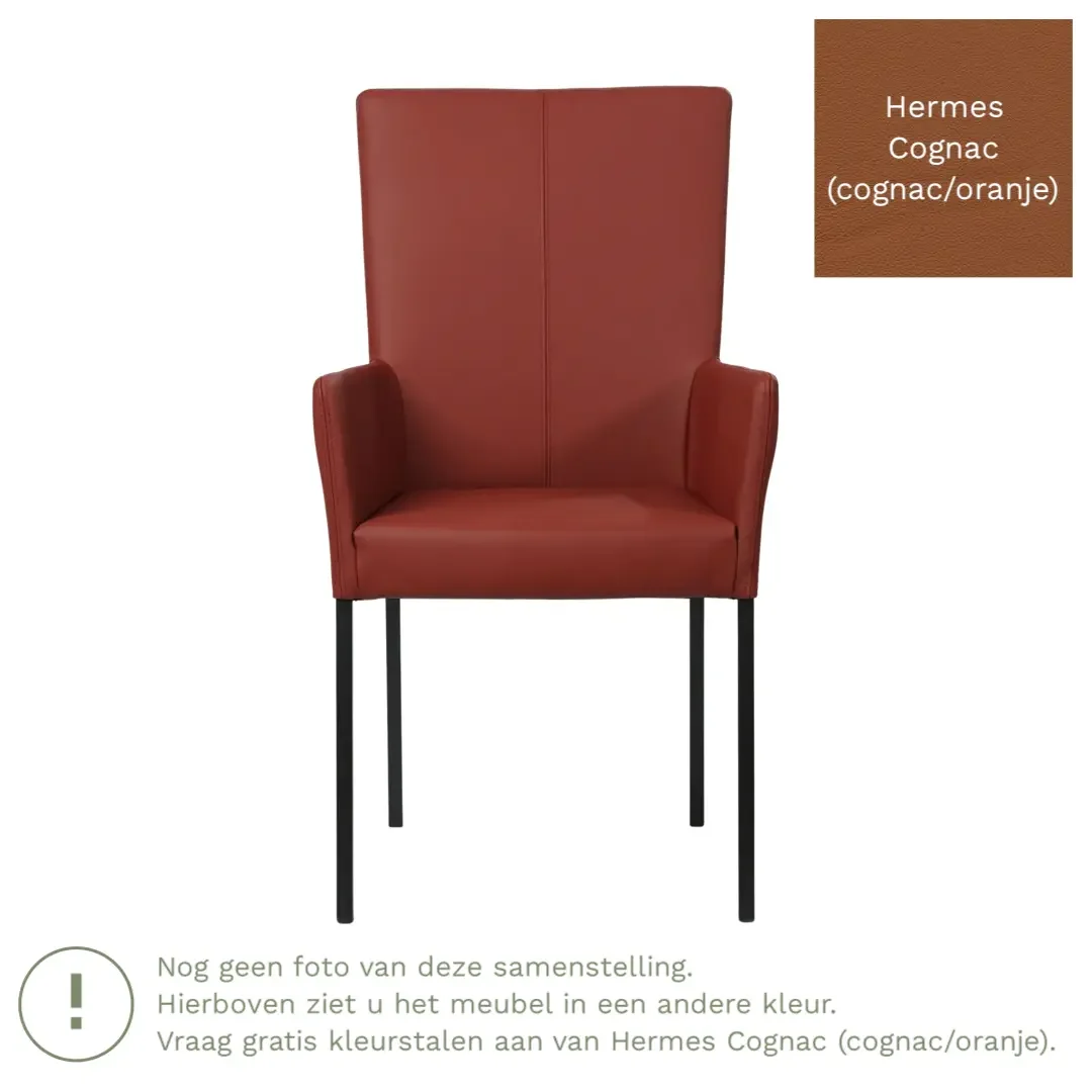 afbeelding van Leren eetkamerstoel Daily met armleuning - Hermes Cognac (cognac/oranje) - Poten staal vierkant zwart