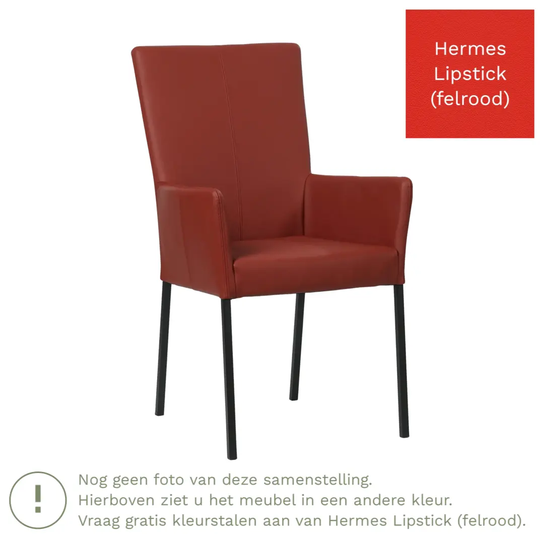 afbeelding van Leren eetkamerstoel Daily met armleuning - Hermes Lipstick (felrood) - Poten staal vierkant RVS