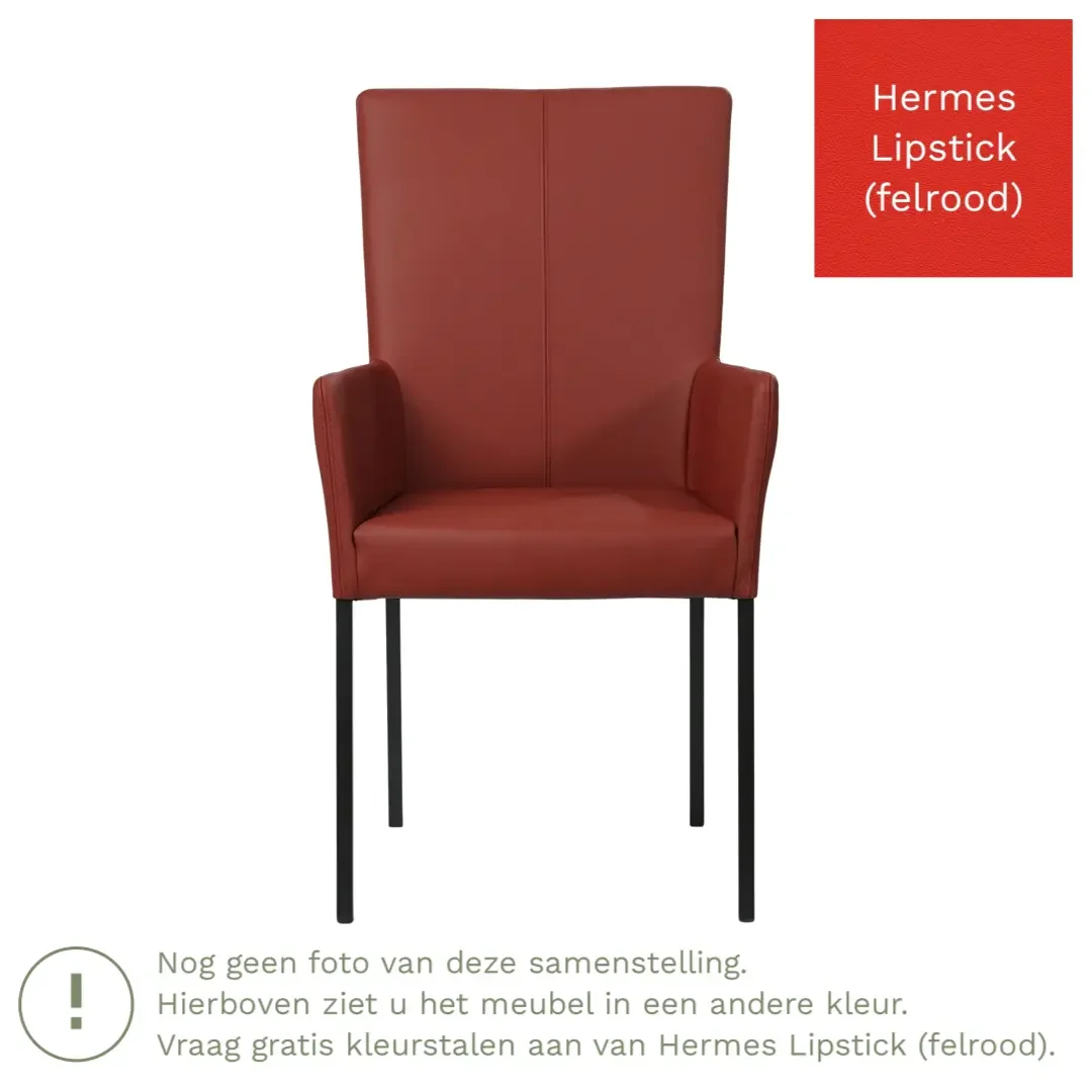 afbeelding van Leren eetkamerstoel Daily met armleuning - Hermes Lipstick (felrood) - Poten staal vierkant RVS