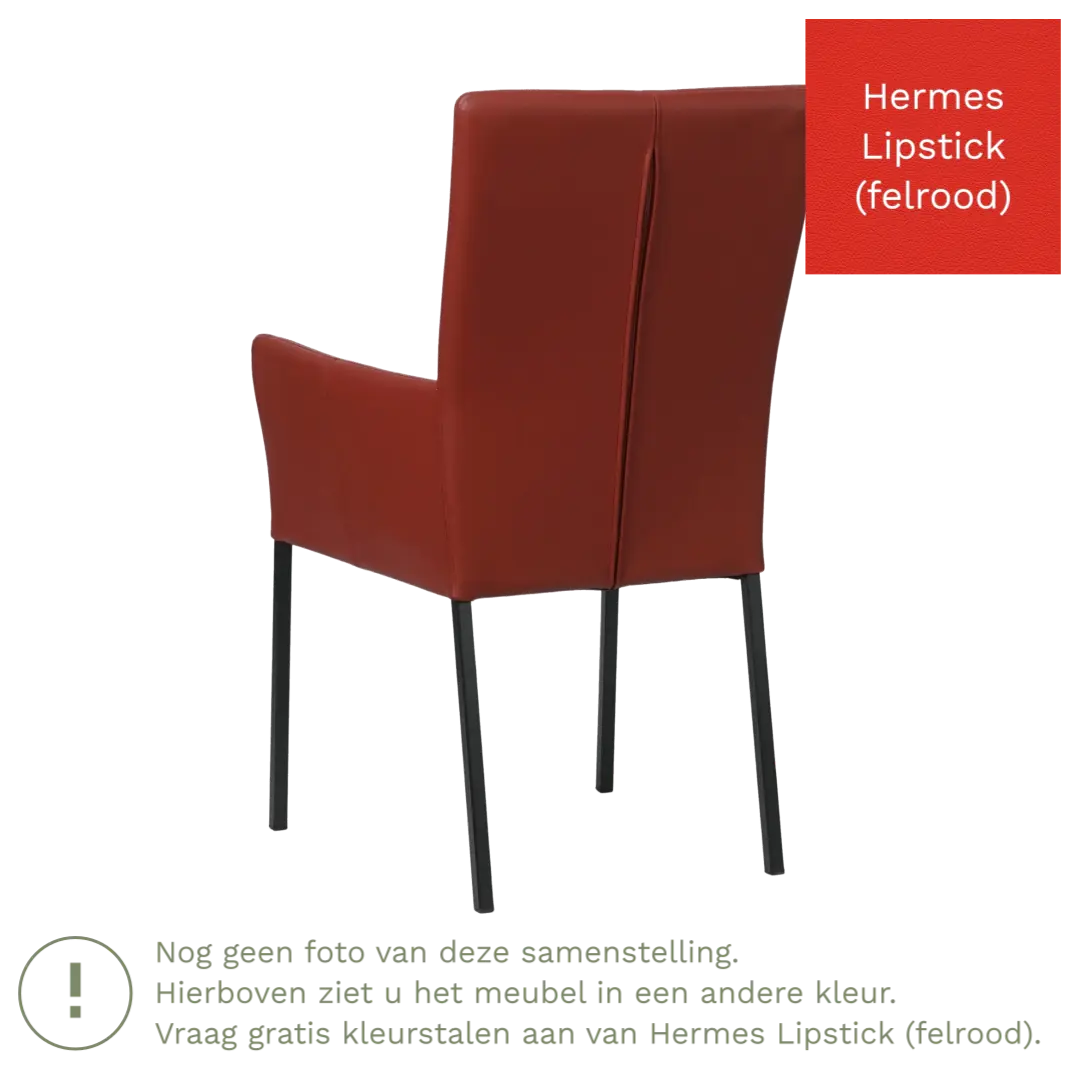 afbeelding van Leren eetkamerstoel Daily met armleuning - Hermes Lipstick (felrood) - Poten staal vierkant RVS