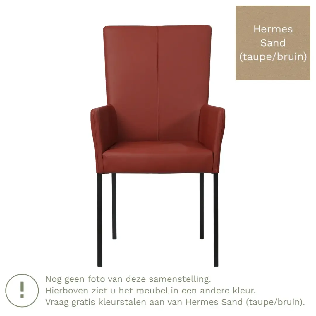 afbeelding van Leren eetkamerstoel Daily met armleuning - Hermes Sand (taupe/bruin) - Poten staal vierkant RVS