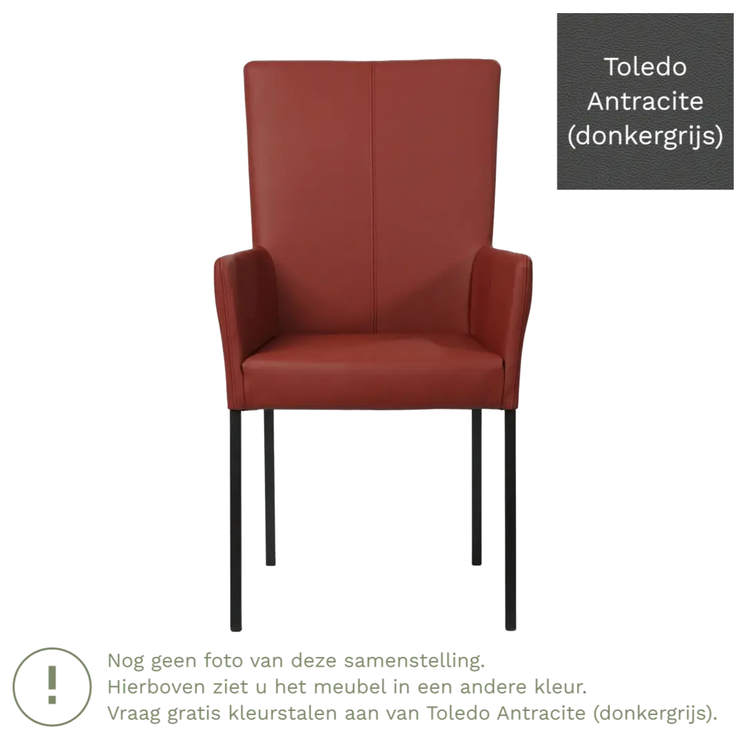 afbeelding van Leren eetkamerstoel Daily met armleuning - Toledo Antracite (donkergrijs) - Poten staal vierkant zwart