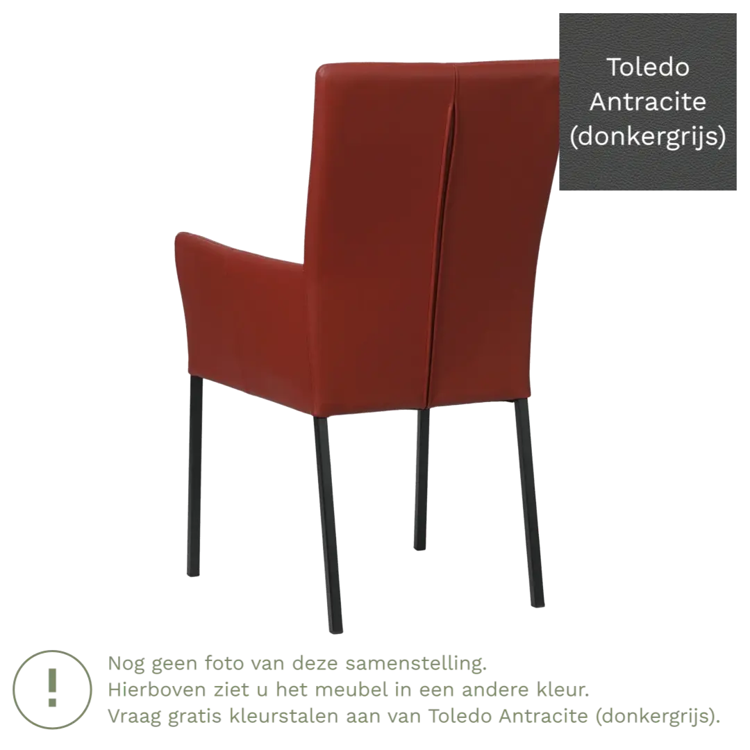 afbeelding van Leren eetkamerstoel Daily met armleuning - Toledo Antracite (donkergrijs) - Poten staal vierkant zwart