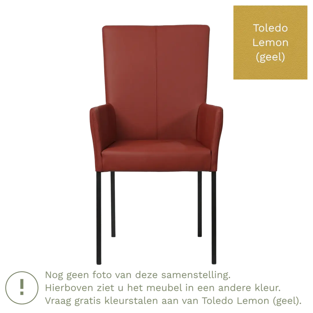 afbeelding van Leren eetkamerstoel Daily met armleuning - Toledo Lemon (geel) - Poten staal vierkant RVS