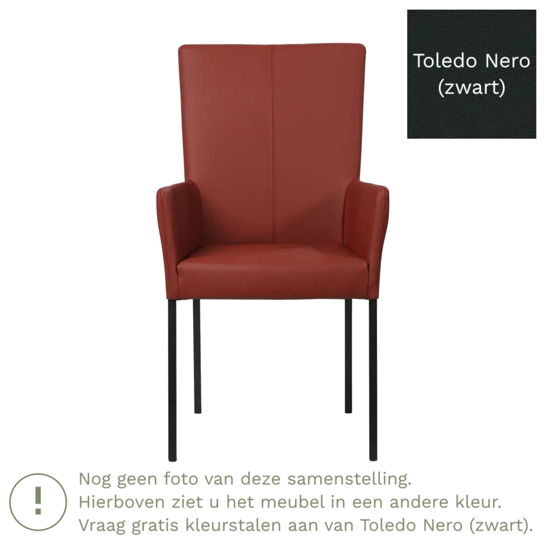 afbeelding van Leren eetkamerstoel Daily met armleuning - Toledo Nero (zwart) - Poten staal vierkant RVS