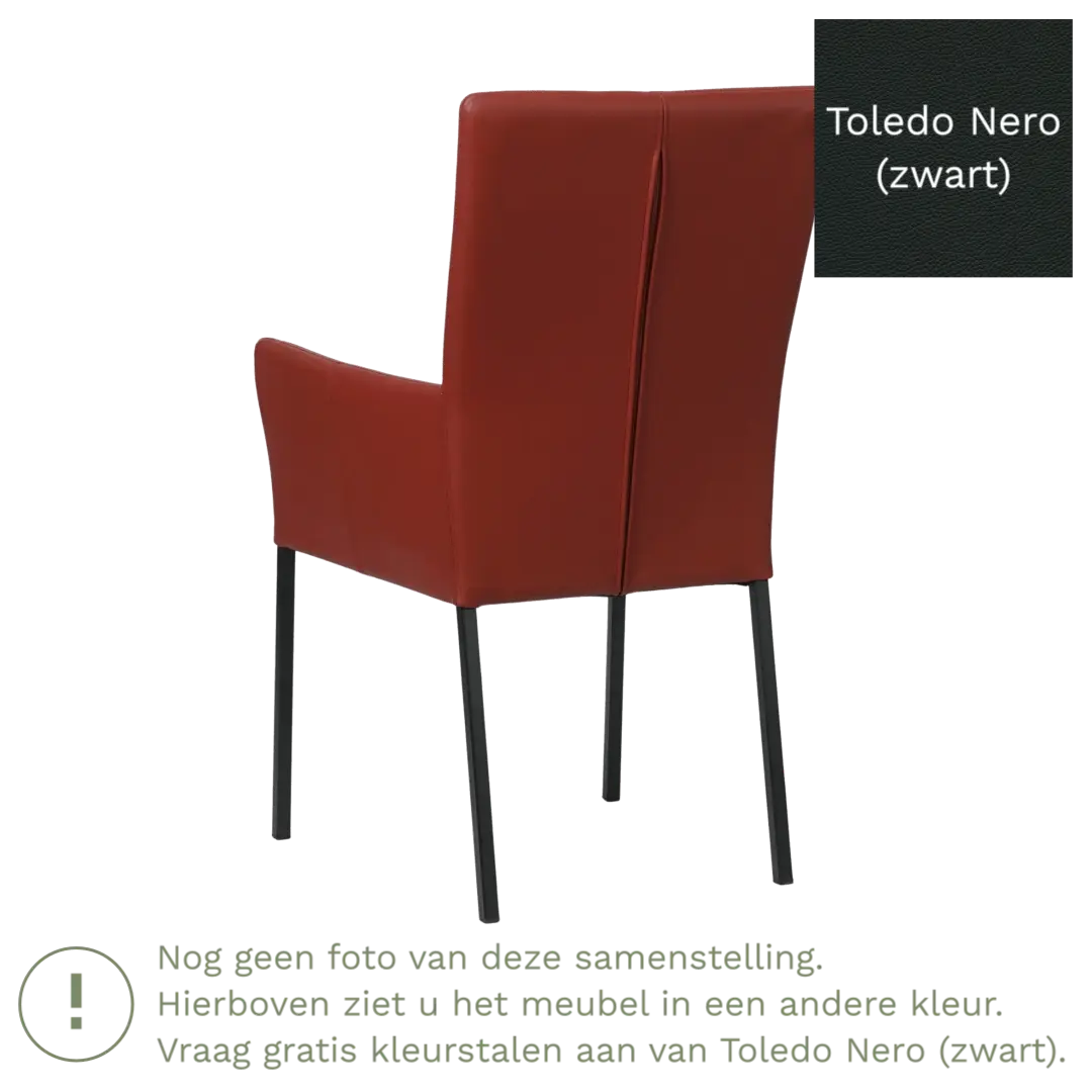 afbeelding van Leren eetkamerstoel Daily met armleuning - Toledo Nero (zwart) - Poten staal vierkant RVS