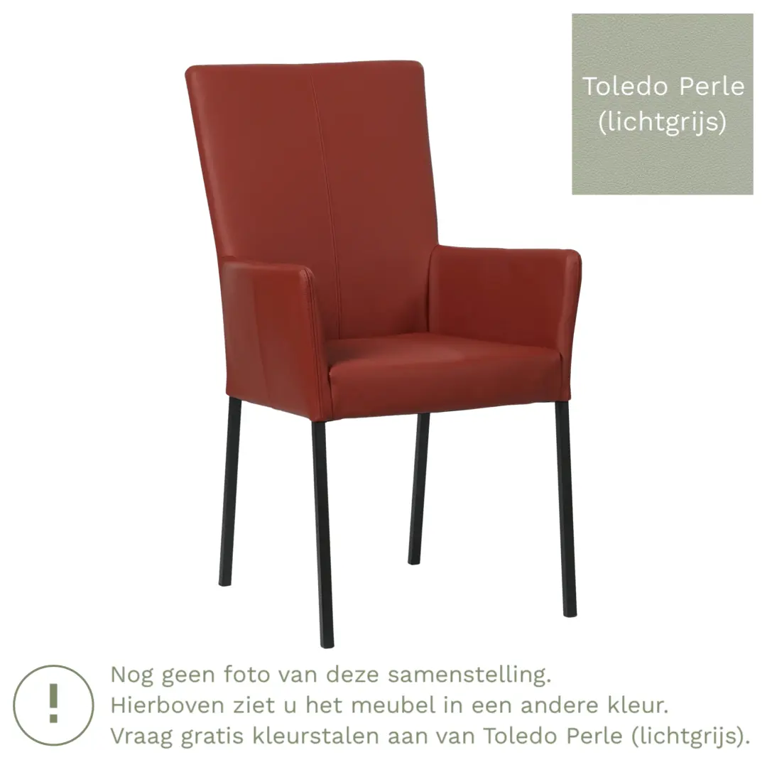 afbeelding van Leren eetkamerstoel Daily met armleuning - Toledo Perle (lichtgrijs) - Poten staal vierkant zwart