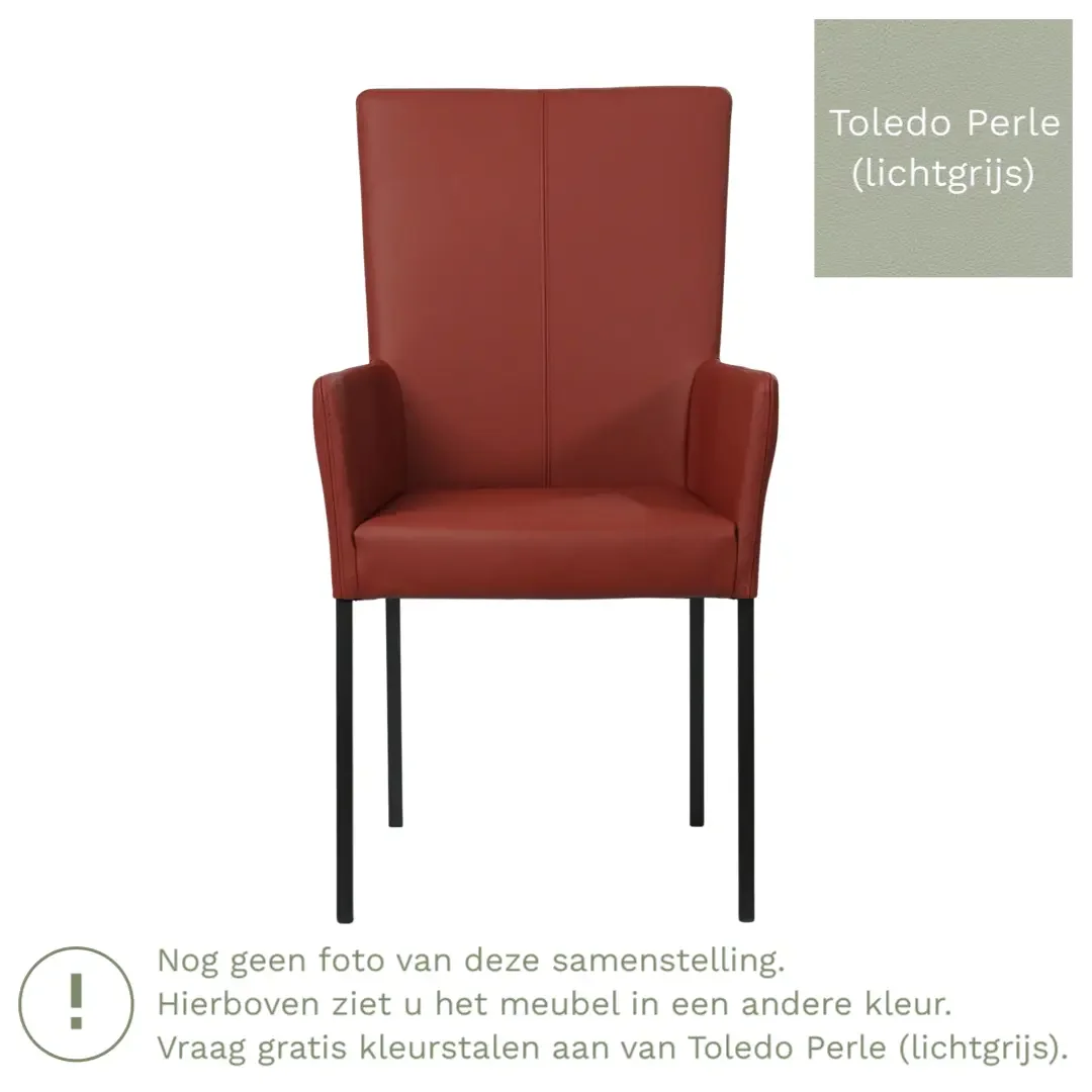 afbeelding van Leren eetkamerstoel Daily met armleuning - Toledo Perle (lichtgrijs) - Poten staal vierkant zwart