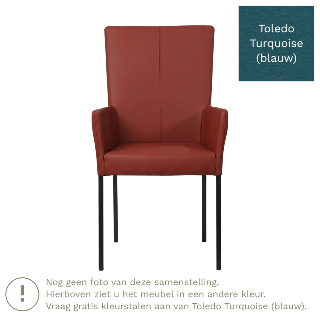 afbeelding van Leren eetkamerstoel Daily met armleuning - Toledo Turquoise (blauw) - Poten staal vierkant RVS