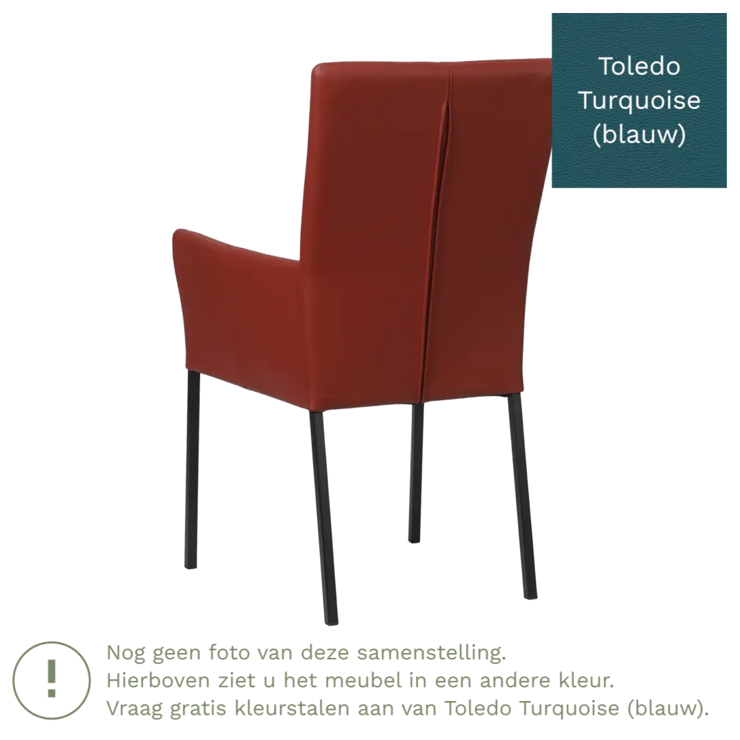 afbeelding van Leren eetkamerstoel Daily met armleuning - Toledo Turquoise (blauw) - Poten staal vierkant RVS
