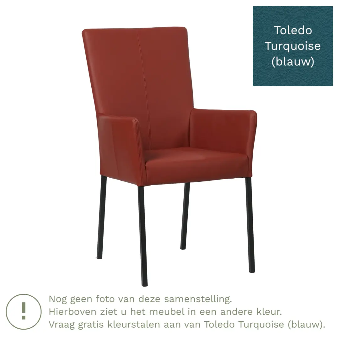 afbeelding van Leren eetkamerstoel Daily met armleuning - Toledo Turquoise (blauw) - Poten staal vierkant zwart
