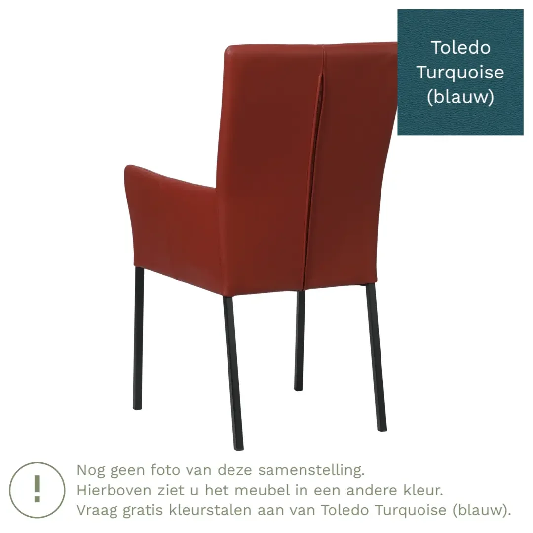 afbeelding van Leren eetkamerstoel Daily met armleuning - Toledo Turquoise (blauw) - Poten staal vierkant zwart