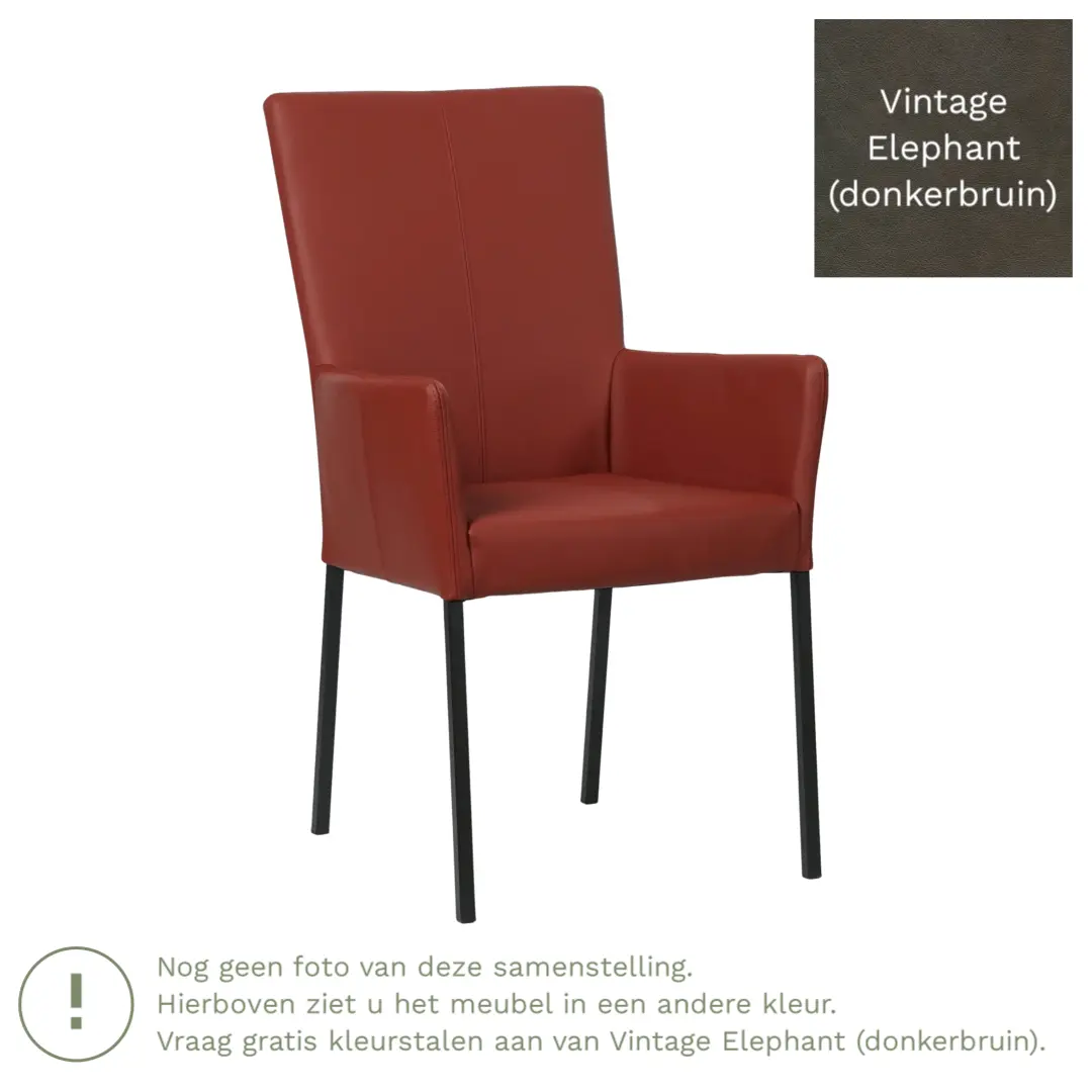 afbeelding van Leren eetkamerstoel Daily met armleuning - Vintage Elephant (donkerbruin) - Poten staal vierkant RVS