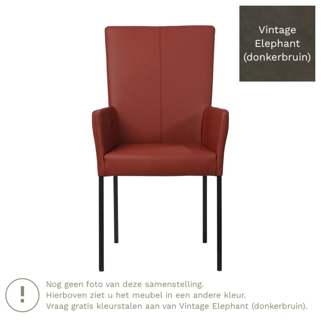 afbeelding van Leren eetkamerstoel Daily met armleuning - Vintage Elephant (donkerbruin) - Poten staal vierkant RVS
